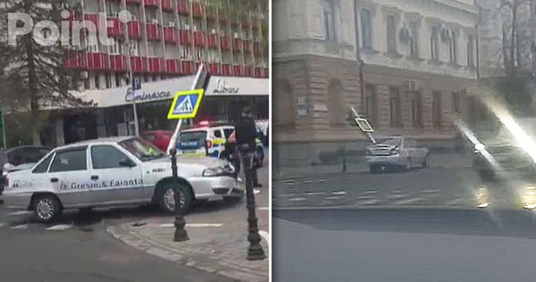 Accident în centrul Chișinăului: Un automobil a doborât un indicator rutier.