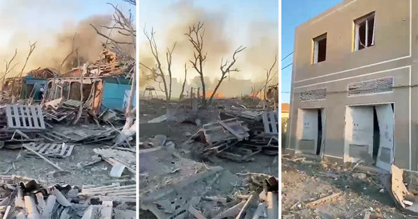 На кадрах видны разрушенные здания и разбросанные обломки. 