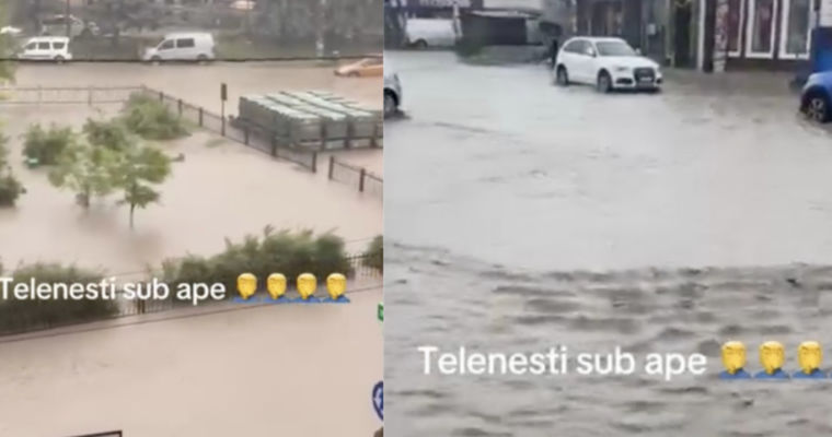 Inundații în centrul orașului Telenești: Mașinile au fost blocate de șuvoaie.