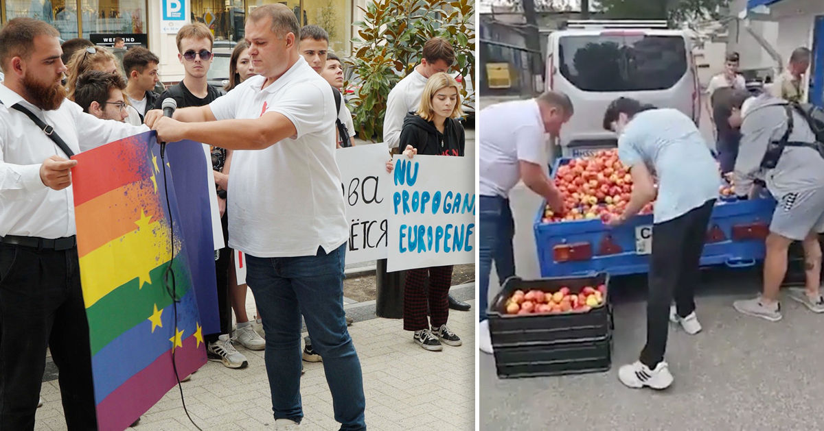 Партия &#34;Возрождение&#34; устроила протест у представительства ЕС и привезла прицеп яблок. Коллаж: Point.md