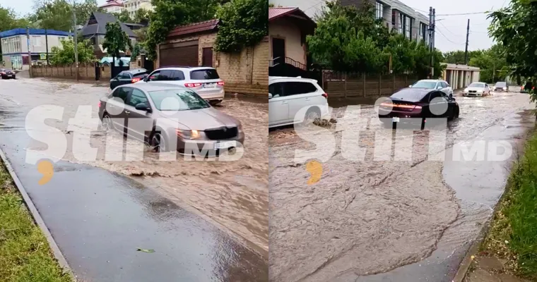 Șuvoaie de apă pe străzile din Chișinău. Mașinile circulă cu dificultate