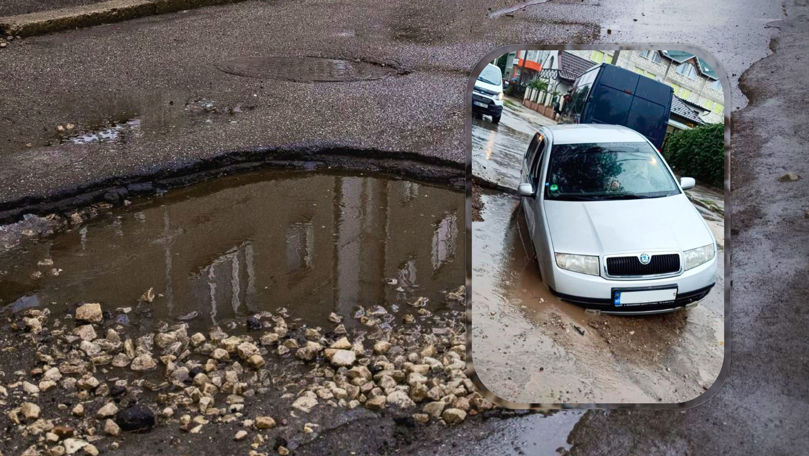 Asfalt surpat la Bălți: Un automobil a rămas blocat într-o groapă