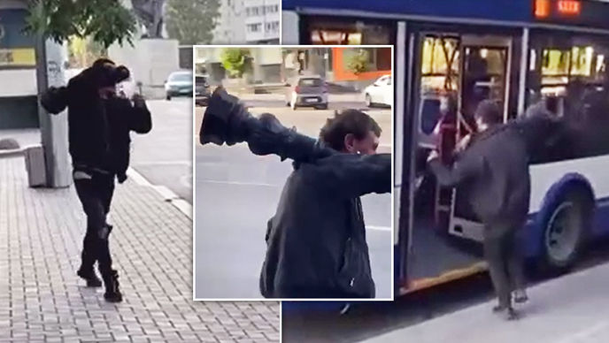 Bărbat, filmat cum intră într-un troleibuz cu un pilon: Ce spune Poliția