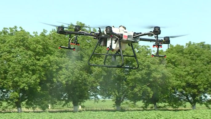 O dronă agricolă, filmată deasupra unui câmp din Transnistria