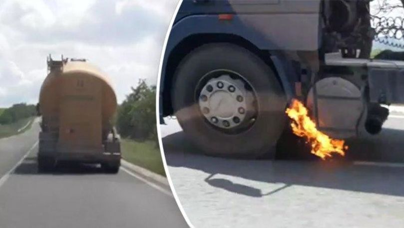 La un pas de tragedie: Camion, surprins cu rezervorul în flăcări