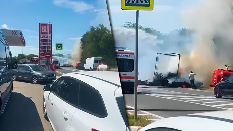 Hârbovăț: Remorca plină cu lemne a unui camion, cuprinsă de flăcări