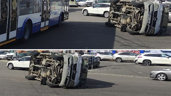 Accident grav la giratoriu în Capitală: O mașină, răsturnată