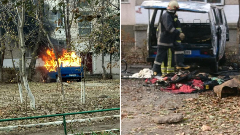Un microbuz a luat foc în curtea unui bloc de locuit din Capitală
