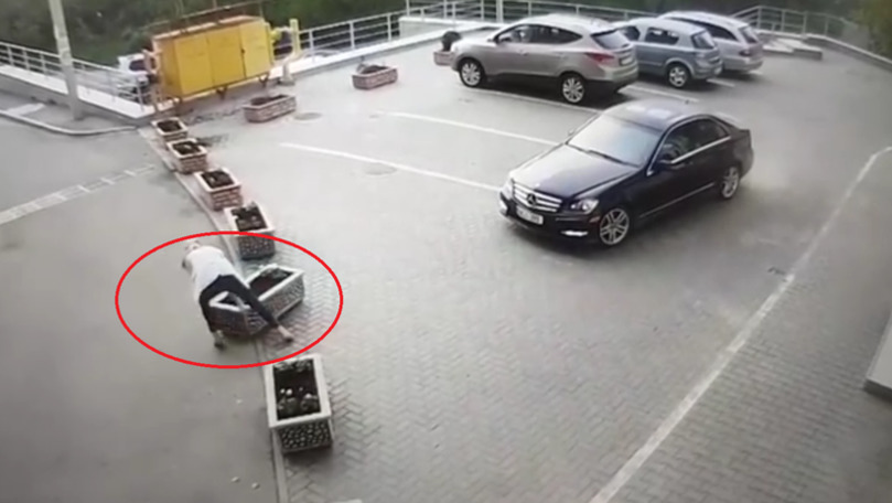 Șoferița unui Mercedes, filmată cum mută un ghiveci pentru a trece