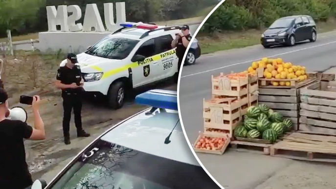 Zeci de polițiști, filmați lângă o tarabă cu pepeni verzi