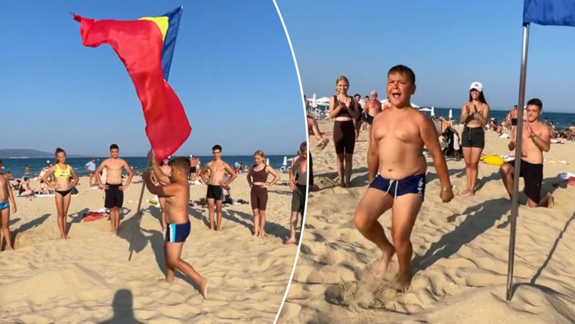 Drapelul R. Moldova, pe plaja din Bulgaria: Hora, dansată de copii