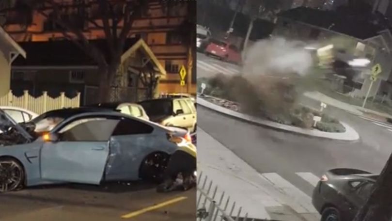 Un BMW, filmat cum își ia zborul într-o intersecție cu sens giratoriu