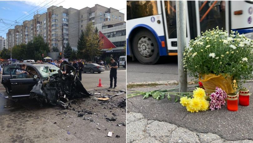 Troleibuz distrus de Porsche: Locul, marcat cu flori și lumânări