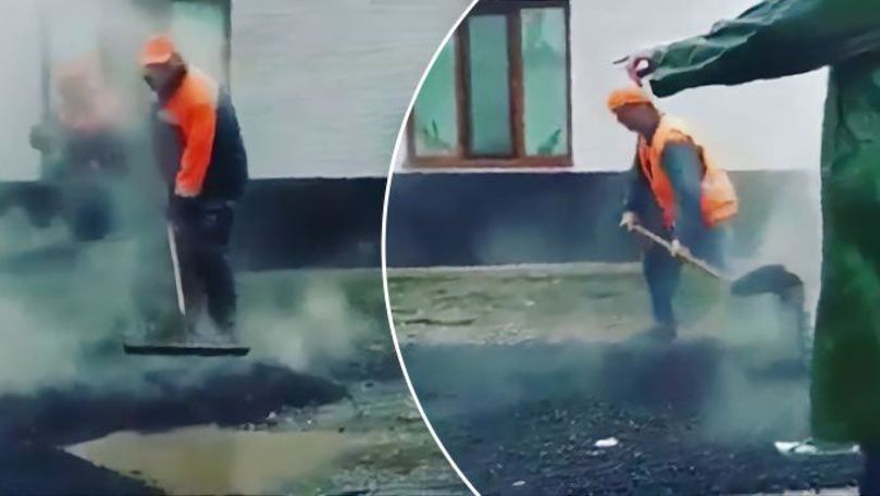 Muncitori, filmați cum toarnă asfalt pe băltoace. Reacția primarului