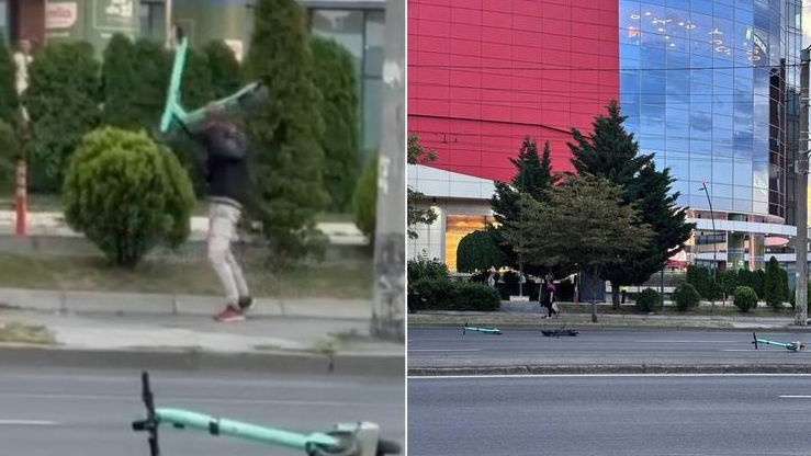 Un bărbat, surprins cum aruncă trotinete electrice în fața mașinilor