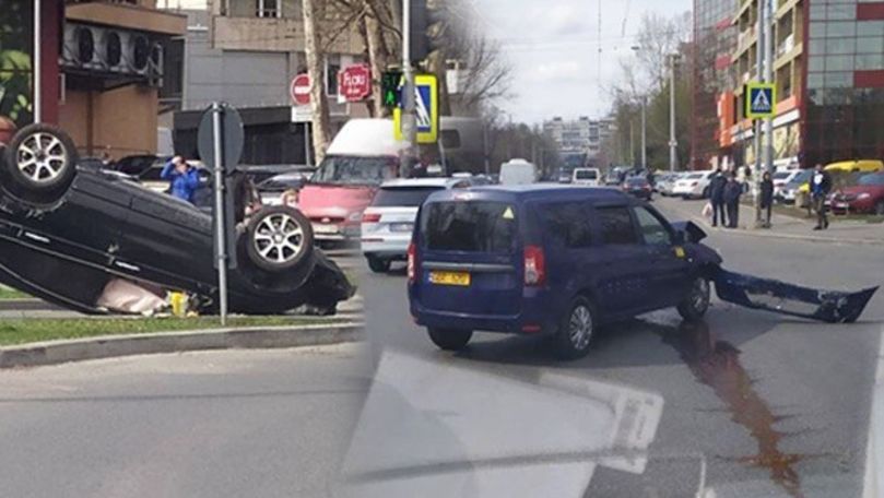 Mașină răsturnată, surprinsă pe o stradă de la Râșcani: Primele imagini