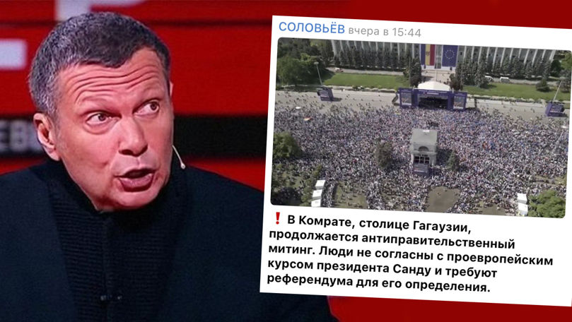 В Телеграм-канале Соловьева собрание в Кишиневе выдали за митинг в Комрате. Коллаж: Point.md