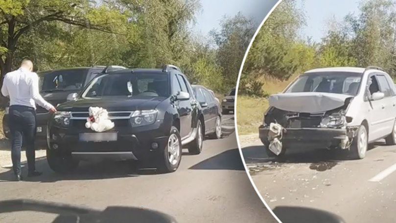 O mașină a unui cortegiu de nuntă, avariată pe șoseaua Balcani