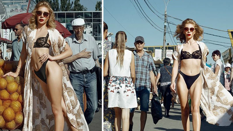 Модель в эротическом белье прогуливалась по Центральному рынку столицы.