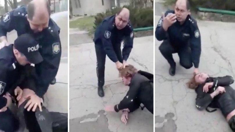 Momentul în care un polițist e lovit cu piciorul în față, filmat
