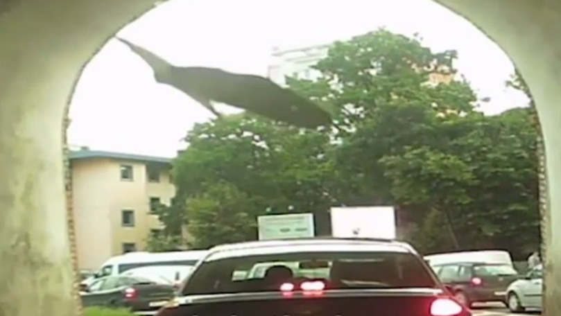 Bucată de tencuială, filmată cum cade peste o mașină la semafor