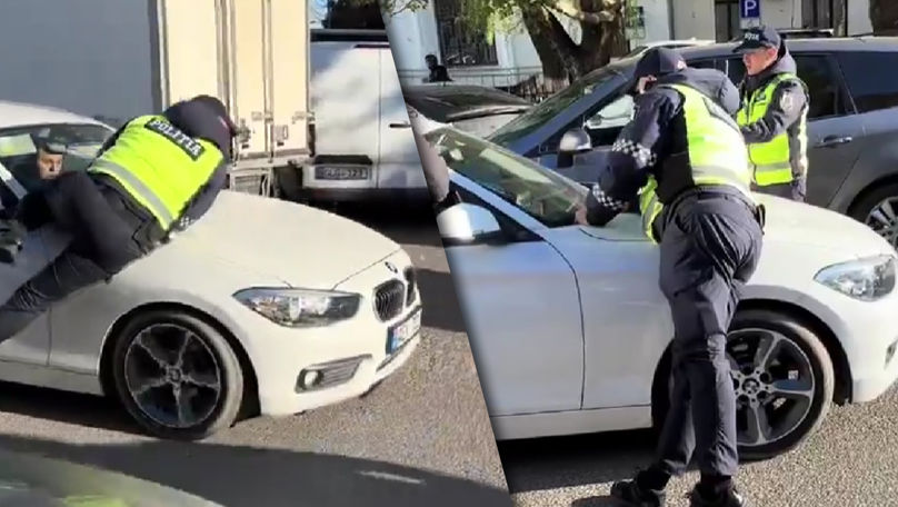 Imagini noi cu polițistul luat pe capotă de un șofer: Eu mă grăbesc