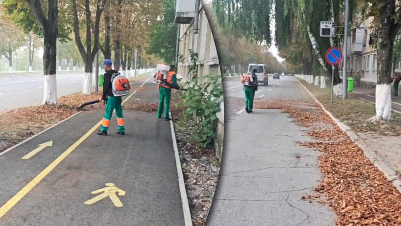Frunzele, strânse la Ungheni cu aspiratorul, iar la Chișinău cu pătura
