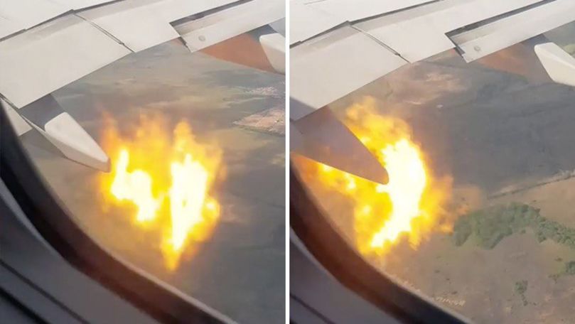 Momentul în care motorul unui avion a luat foc din cauza unei păsări