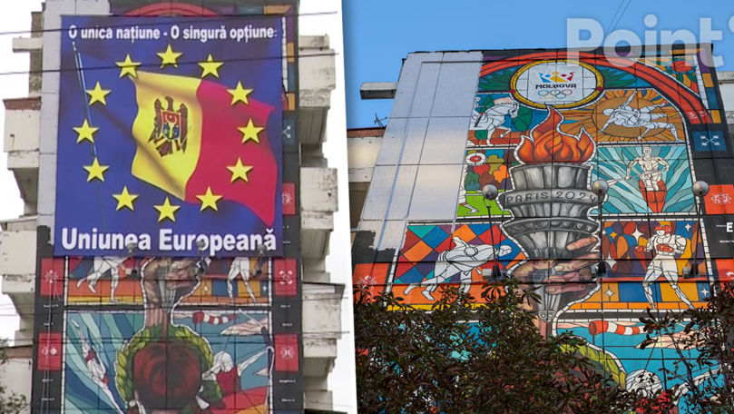 В Кишиневе сняли баннер "о евроинтеграции", который закрывал олимпийский мурал.