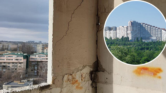 Pericol la Botanica: Balconul unui bloc de locuit, plin de fisuri