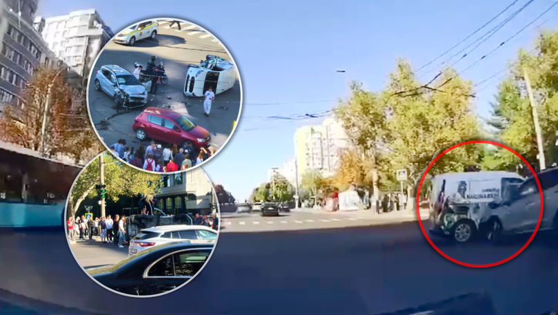 Momentul accidentului în care s-a răsturnat o mașină în sectorul Râșcani