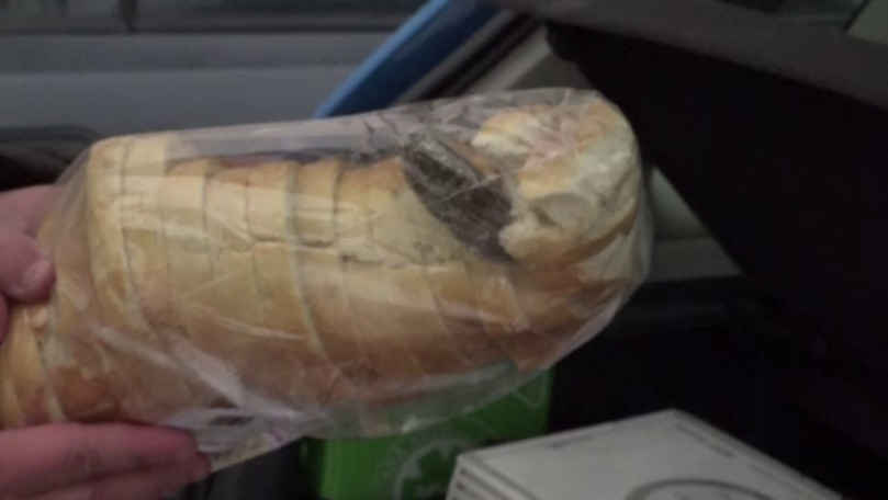 Pâine ambalată cu un șoarece mort, pe rafturile unui magazin