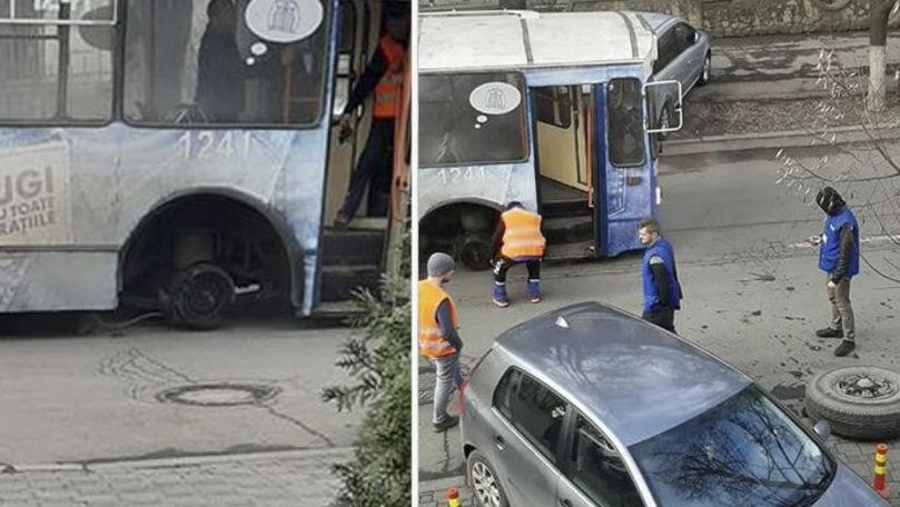 Mașină, avariată în Capitală de roată sărită din mers a unui troleibuz