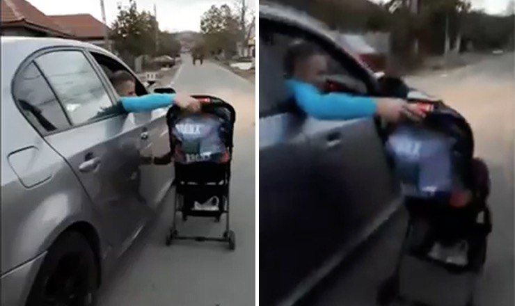 В Румынии родители "выгуливали" ребенка в коляске через окно автомобиля.