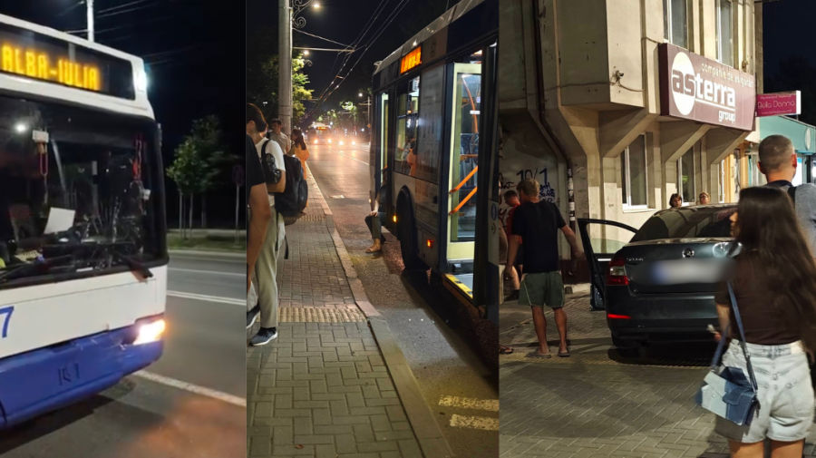 O femeie a ajuns la spital după ce o Skoda s-a tamponat de troleibuz.