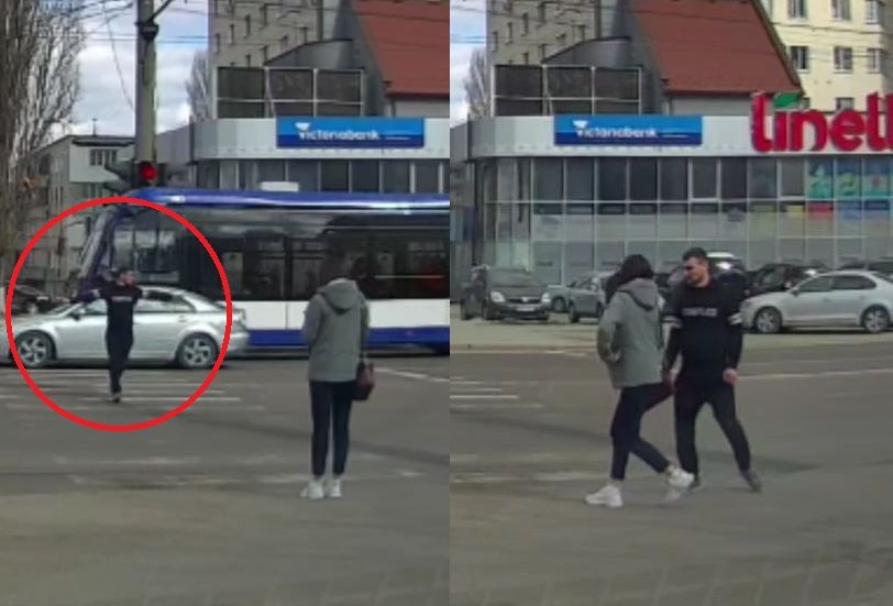 В столице парень перешел "зебру" на красный свет, чтобы поговорить с девушкой. Коллаж: Point.md