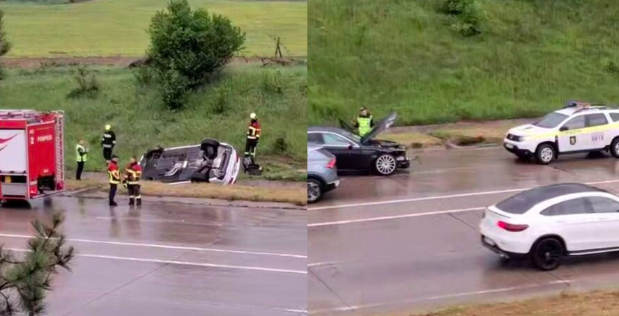 Un Mercedes s-a ciocnit cu un BMW la Băcioi: Unul dintre vehicule s-a răsturnat.