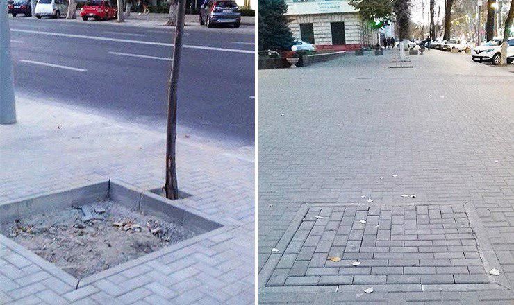 Перед зданием Счетной палаты на месте спиленных деревьев положили брусчатку.