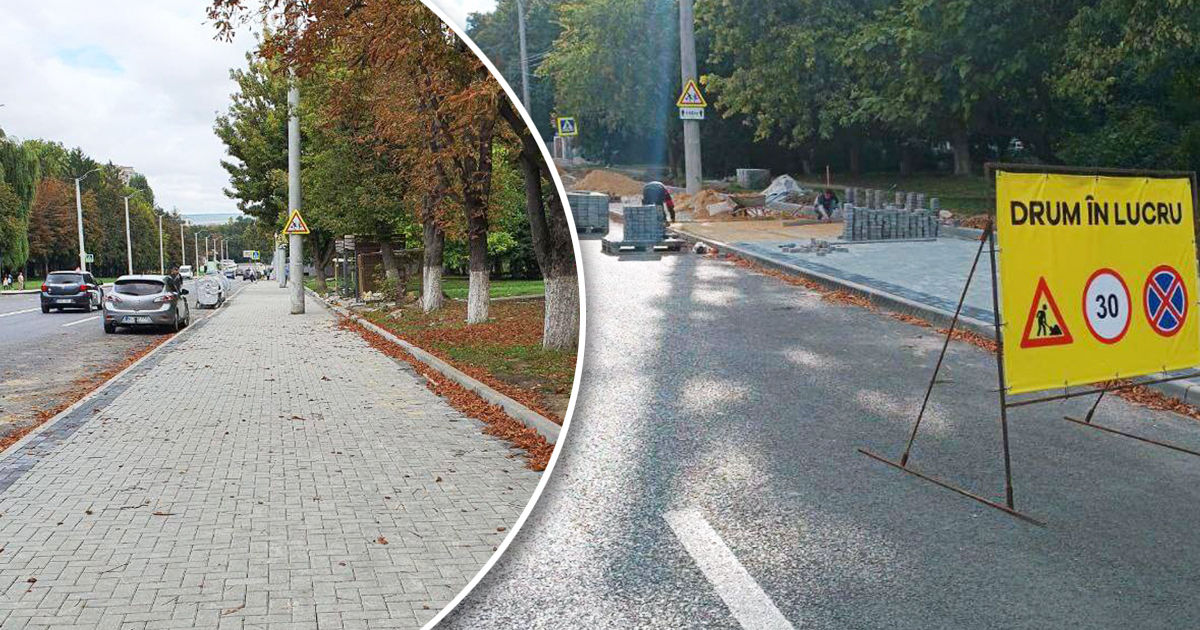 Продолжаются работы по благоустройству тротуара на бульваре Куза-Водэ. Коллаж: Point.md