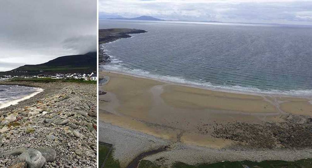 Nisipul de pe plaja Dooagh, insula Achill, a fost spălat de furtuni în 1984, lăsând în urmă doar pietre.