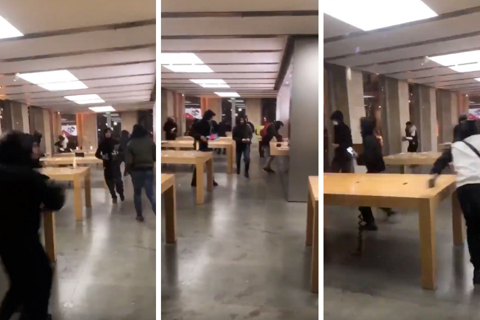 Толпа грабителей за 15 секунд обчистила магазин Apple Store в Бордо.