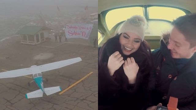 Un moldovean a cerut-o în căsătorie pe iubita sa într-un avion închiriat doar pentru ei doi. Foto: capturi video YouTube