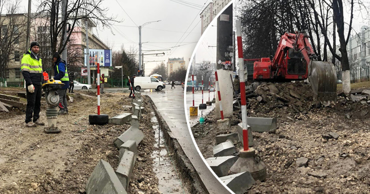 На улице Буребиста обустраивают тротуар и парковочную зону. Коллаж: Point.md