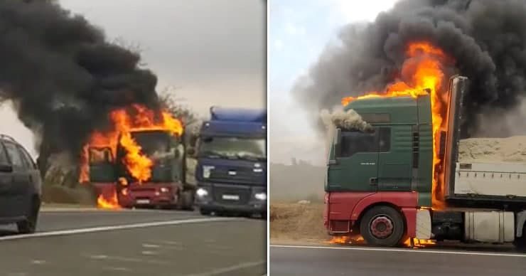 На трассе возле Хынчешт загорелся грузовой автомобиль: водители поспешили на помощь. Коллаж Point.md.