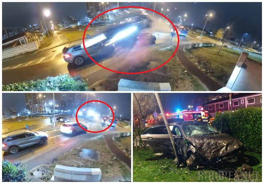 O mașină a zburat peste sensul giratoriu în România.