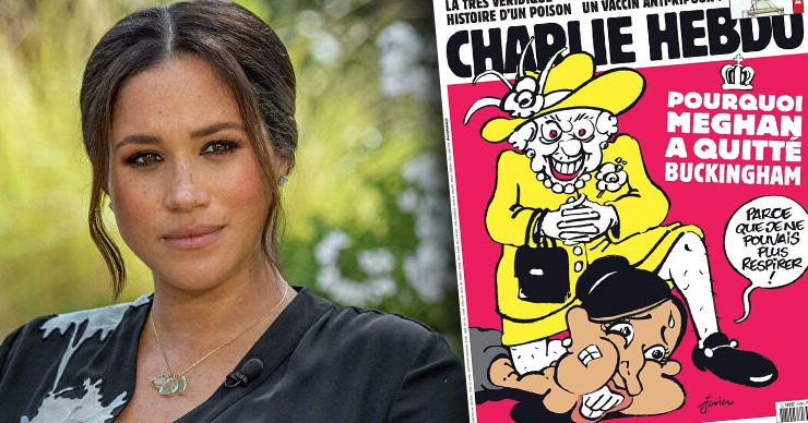 Charlie Hebdo опубликовал карикатуру, на которой Елизавета II душит Меган Маркл.