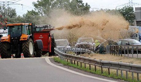 Fermierii au aruncat cu bălegar în faţa prefecturii oraşului Manche. Foto: agrointel.ro