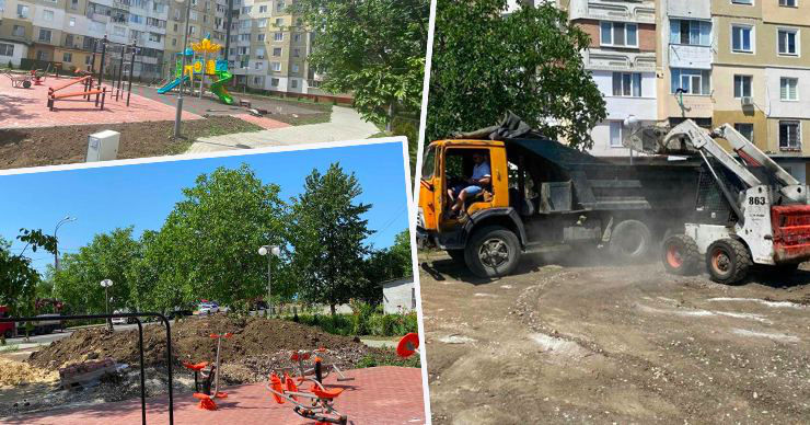 На Ботанике продолжается обустройство зеленой зоны на улице Валя Кручий. Коллаж: Point.md
