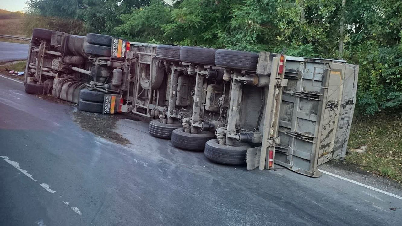 Un camion cu numere de înmatriculare moldovenești s-a răsturnat pe un drum din România.