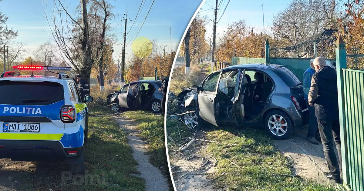 В селе Пелиния автомобиль врезался в дерево: затем его отбросило в ворота.
